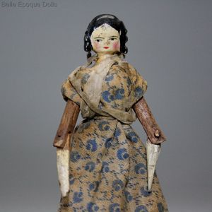 Rare Early Grodnertal Wooden Doll with Curls and Earrings