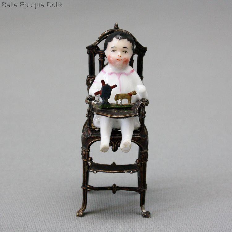 antique metal high chair seated all-bisque doll , ganzbiskuit puppenstubenpuppen